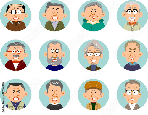 12人のシニアの男性の怒りの表情のアイコン
