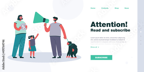 Man with monkey on leash offering to stroke animal for money. Mother holding gold coin, daughter wanting to play with monkey flat vector illustration. Business, exploitation of wild animals concept