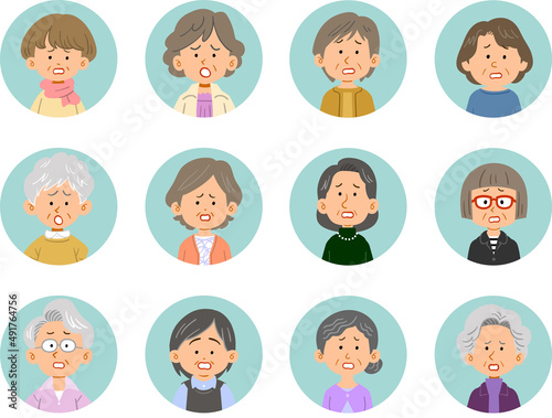 12人のシニアの女性の困惑の表情のアイコン
