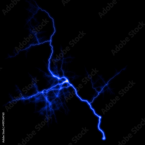 abstract dark blue lighting natural thunder realistic magic overlay bright glowing effect on black.