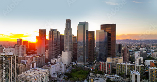 Urban aerial view of downtown Los Angeles. Panoramic city skyscrapers  downtown cityscape skyline at sunset.