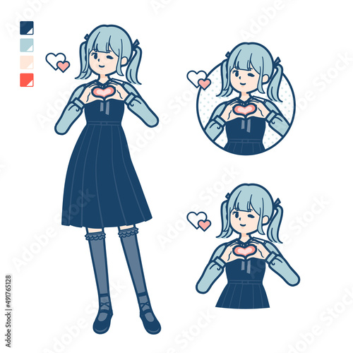 ゴスロリ衣装を着た若い女性が手でハートマークを作っているイラスト