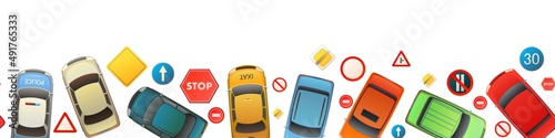Road signs seamless border. Auto traffic background. Specify and limit. Top view from above. Cartoon funny style. Flat design. Isolated on white. illustration vector