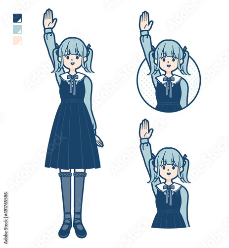 ゴスロリ衣装を着た若い女性が手を挙げているイラスト