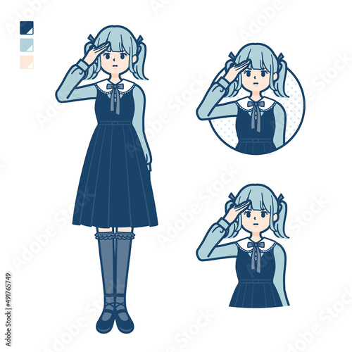 ゴスロリ衣装を着た若い女性が敬礼しているイラスト