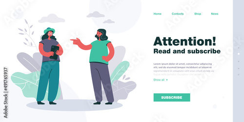 Female character pointing at girl holding tablet. Cute cartoon teenagers becoming friends flat vector illustration. Communication, friendship concept for banner, website design or landing web page