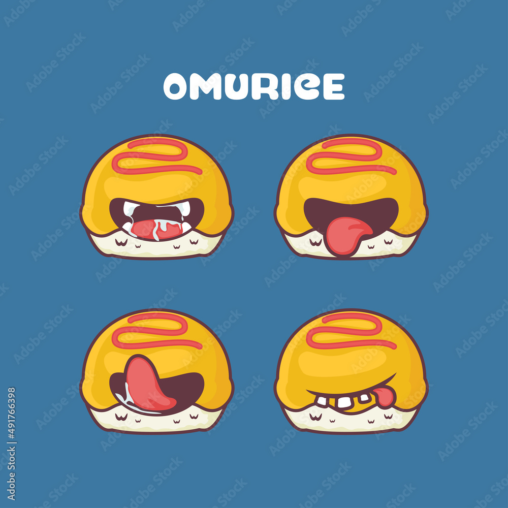 Omurice cartoon. vector illustration of japanese food. with different mouth expressions Omurice cartoon. vector illustration of japanese food. with different mouth expressions