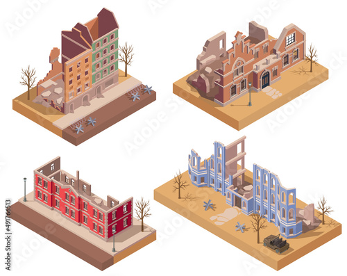 Ruined Destroyed Buildings Isometric