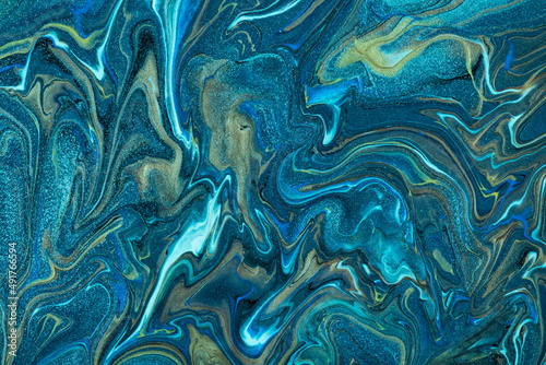 Abstract fluid art background navy blue and turquoise colors. Liquid marble. Acrylic painting with cerulean gradient.