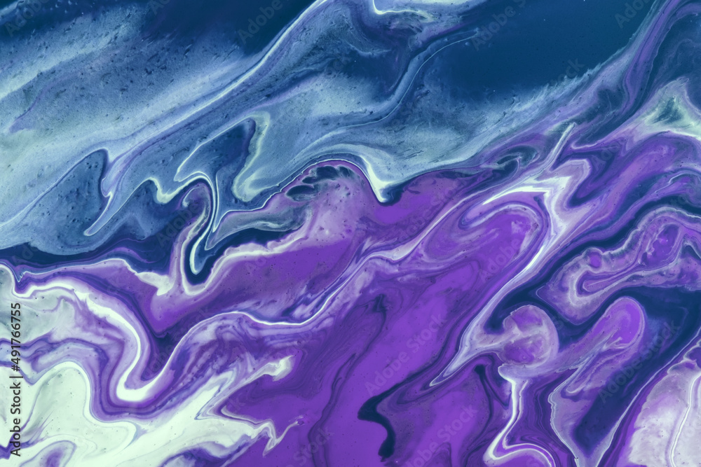 Abstract fluid art background navy blue and violet colors. Liquid marble. Acrylic painting with purple gradient.