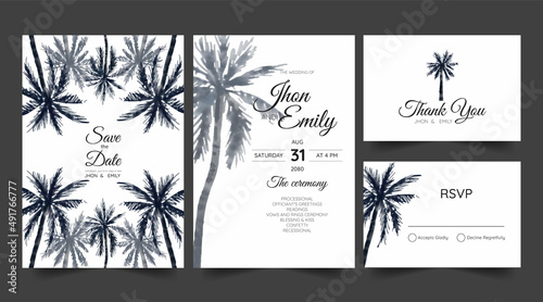 wedding invitation set with beach and palm tree watercolor background