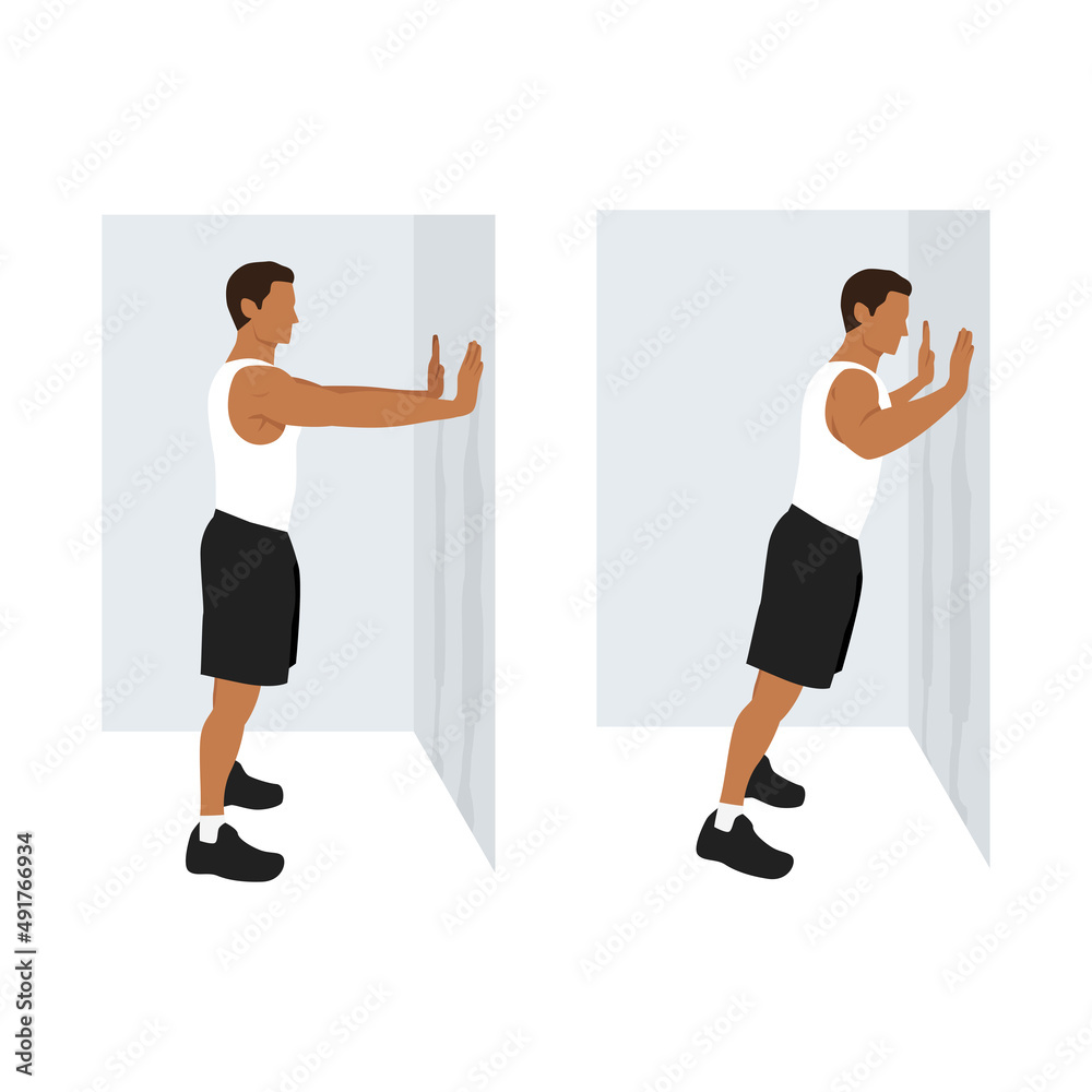 Man doing Wall push up. Standing press up exercise. Flat vector