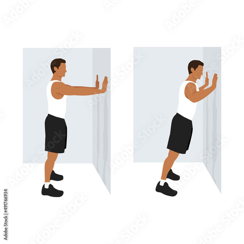 Man doing Wall push up. Standing press up exercise. Flat vector illustration isolated on white background. workout character set photo