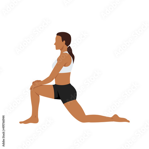 Woman doing Anjaneyasana or low lunge yoga pose,vector illustration in trendy style