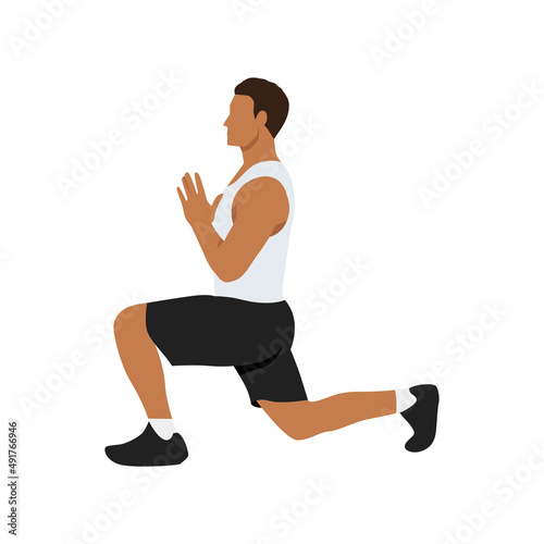 Man doing Anjaneyasana or low lunge yoga pose,vector illustration in trendy style