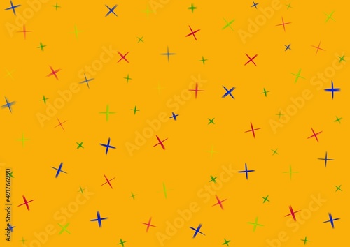 Art abstract dark yellow background with red  blue and green stars and cross x pattern.