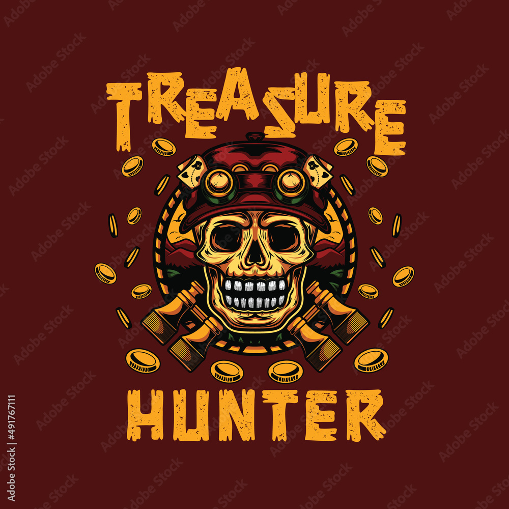 Fototapeta premium skull treasure hunter tee design, separate layers by color, ready for print.