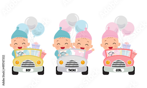 Cute baby girl and boy riding car with balloons and presents. Flat vector cartoon design