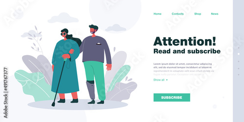 Man with prosthetic leg walking with blind woman. Flat vector illustration. Girl in dark glasses with cane walking arm in arm with disabled person. Disability, health, prosthetics, help concept