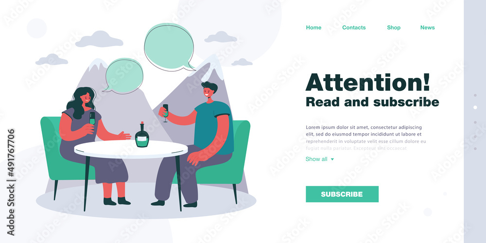 Young couple sitting at table, drinking champagne in mountains. Man and woman talking on date flat vector illustration. Picnic, love, summer, recreation concept Young couple sitting at table, drinking champagne in mountains. Man and woman talking on date flat vector illustration. Picnic, love, summer, recreation concept
