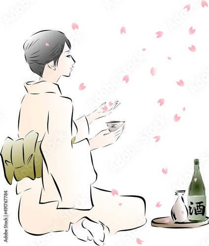 花見をしている女性　日本酒を呑む着物女性
