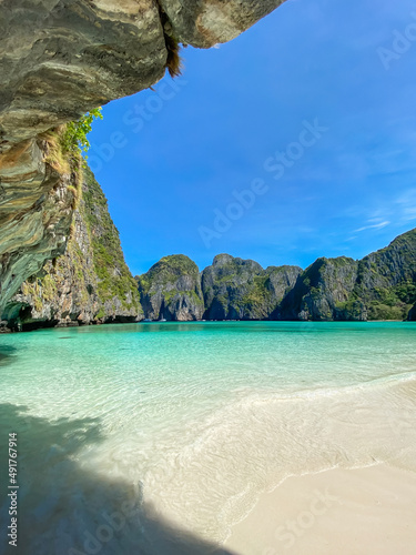 Beautiful scenery of Maya Bay beach on Phi Phi island, Krabi, Thailand. landmark, destination Southeast Asia Travel, vacation and holiday concept