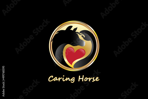 Hand petting a horse with a love heart into gold circle logo vector image design template black background