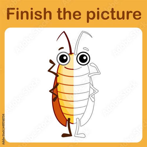 Connect the dot and complete the picture. Simple coloring funny insect cockroach. Drawing game for children.