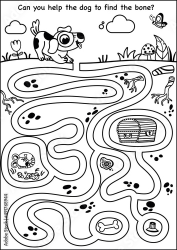 Can you help the dog to find the bone? Black and white maze illustration for children.