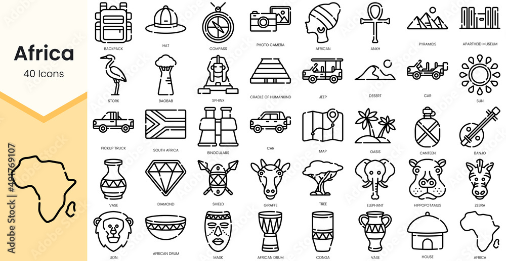 Set of africa Icons. Simple Outline style icons pack. Vector illustration