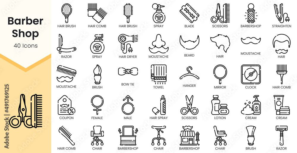 Set of barber-shop Icons. Simple Outline style icons pack. Vector ...