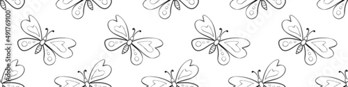 Vector seamless pattern of black outline cute butterflies in Doodle style. Cute cartoon beautiful insects. Background and texture on theme of nature  spring  summer  children print  isolated