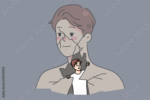 Anxious man feel nervous showing or releasing himself to world. Unhappy scared guy suffer from mental psychological problems. Psychotherapy and counseling. Vector illustration. 