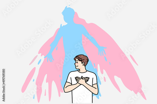 Spiritual male believer during esoteric or religious practice. Soul rising and leaving human body. Concept of spirit separation and liberation. Religion and faith. Flat vector illustration.