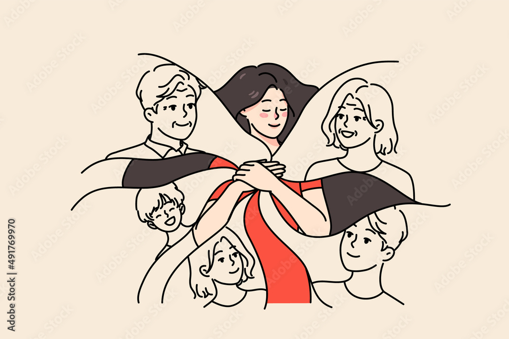 Calm happy young woman keep family in heart. Smiling grateful girl feel love and care to relatives. Emotional bond and attachment concept. Good relationship. Flat vector illustration. 