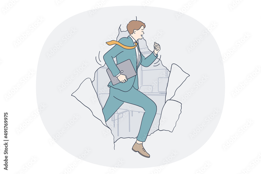 Business challenge and success concept. Young determined positive confident businessman running from torn paper achieving goals vector illustration 
