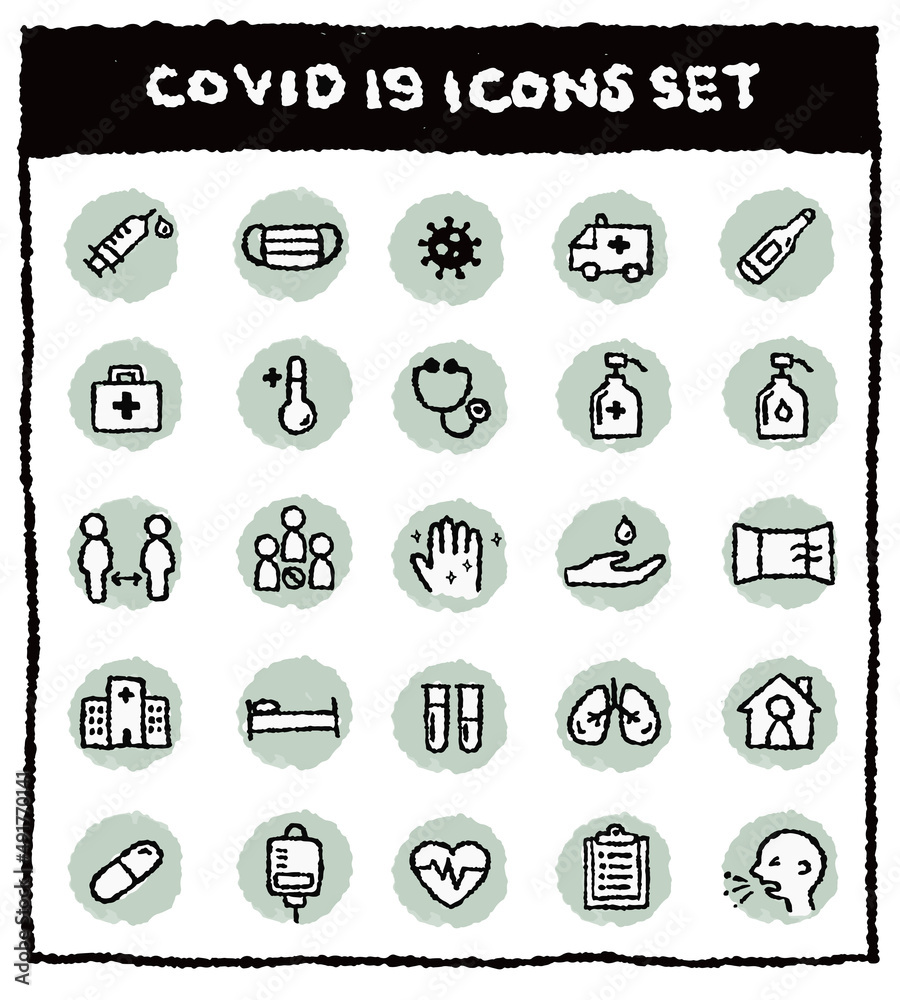 手描きの可愛い新型コロナウィルスアイコンセット　COVID-19アイコンセット
