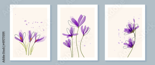 Abstract floral watercolor wall art template. Set of wall decor with purple crocus flowers, blooms, and leaves in watercolor texture. Spring season painting for wallpaper, cover and poster.