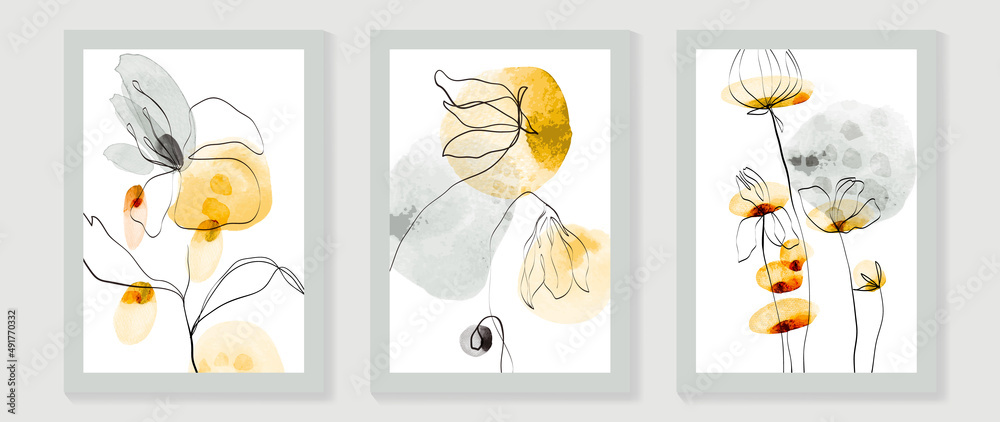 Abstract floral watercolor wall art template. Set of minimal wall decor with yellow flowers, blooms, and leaves in watercolor texture. Spring season painting for wallpaper, cover and poster.