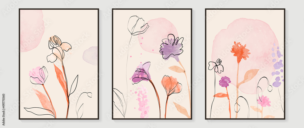 Abstract floral watercolor wall art template. Set of blossom wall decor with wild flowers, blooms and leaves in watercolor texture. Spring season line art painting for wallpaper, cover and poster.