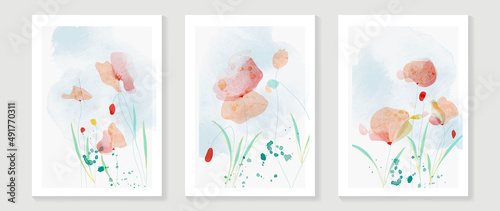 Abstract floral watercolor wall art template. Set of minimal wall decoration with wild flowers, blooms, and leaves in watercolor texture. Spring season painting for wallpaper, cover and poster.