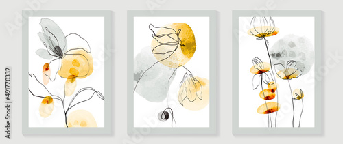 Abstract floral watercolor wall art template. Set of minimal wall decor with yellow flowers, blooms, and leaves in watercolor texture. Spring season painting for wallpaper, cover and poster.