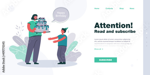 Cartoon mother with big cake wishing happy birthday to son. Smiling boy in party hat and woman celebrating event flat vector illustration. Family, love, celebration concept for banner or landing page