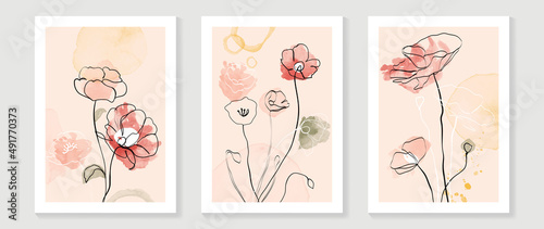 Abstract floral watercolor wall art template. Set of minimal wall decoration with wild flowers, blooms, and leaves in watercolor texture. Spring season painting for wallpaper, cover and poster.