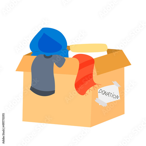 Cardboard donation box full of clothes. Social care, volunteering and charity concept. Vector illustration.