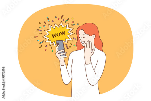 Surprise and online communication concept. Smiling positive surprised girl standing looking at smartphone screen with wow lettering vector illustration 