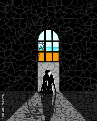 A guy locked in a prison cell. Vector illustration.