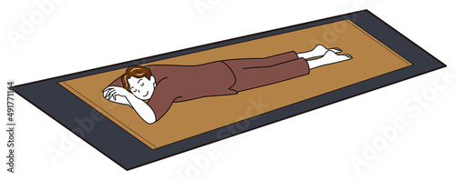 うつ伏せに寝てチムジルバン低温サウナ岩盤浴を楽しんでいる可愛い男性 シンプル イラスト ベクター