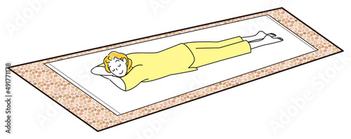 うつ伏せに寝てチムジルバン低温サウナ岩盤浴を楽しんでいる可愛い女性 シンプル イラスト ベクター 