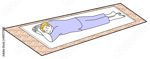 うつ伏せに寝てチムジルバン低温サウナ岩盤浴を楽しんでいる可愛い男性 シンプル イラスト ベクター